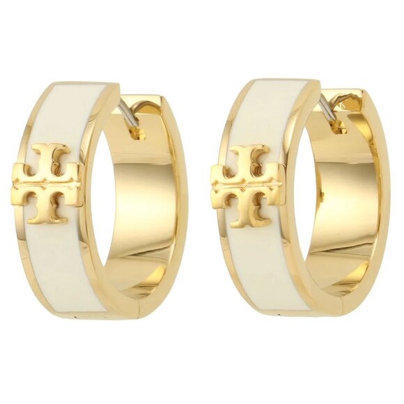Beautiful Tory Burch Kira White & Gold Huggie Earrings - Picture 3 of 4